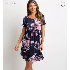 Navy Blue Floral Ruffle Sleeve Dress